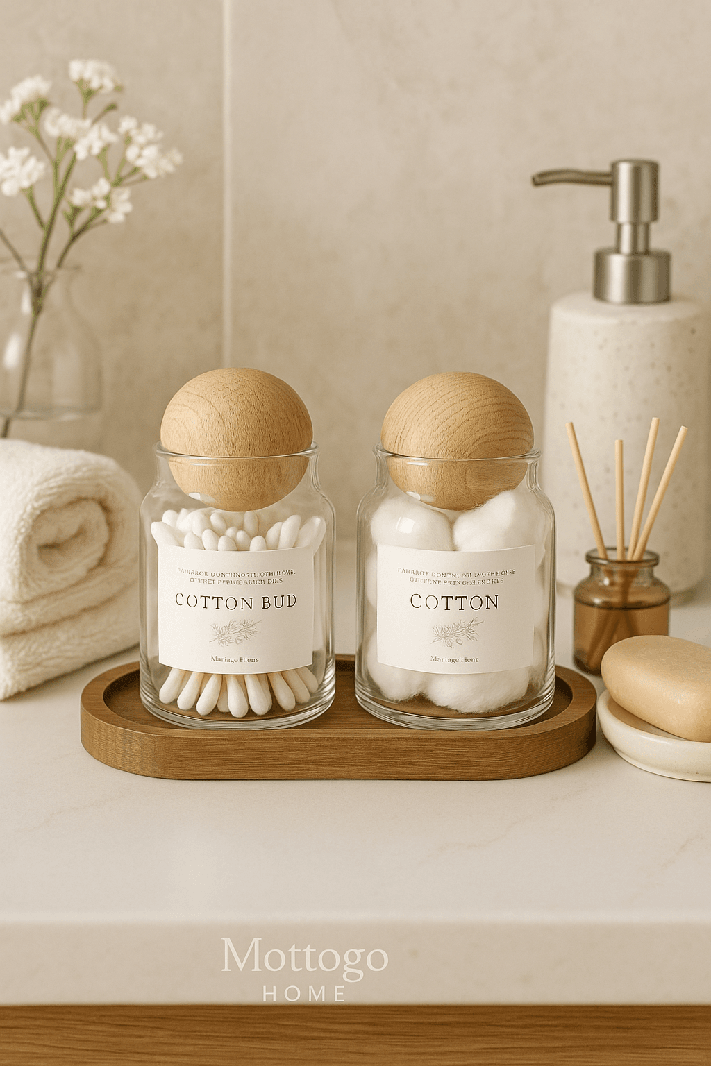 2'li Top Kapaklı Kavanoz ve Ahşap Altlık | Pamukluk - Kulak Pamukluğu | Cotton - Cotton Bud
