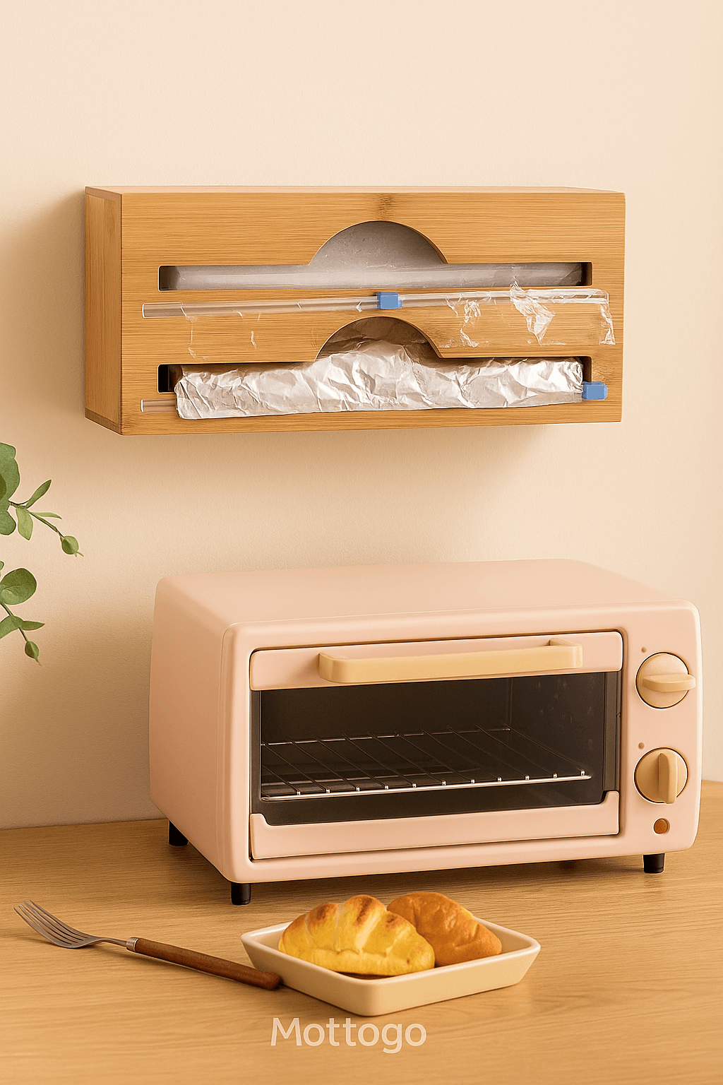 Bambu 2 Bölmeli Streç Ve Alüminyum Folyo Kesici Organizer Düzenleyici Ölçüleri 34*14*7 Cm