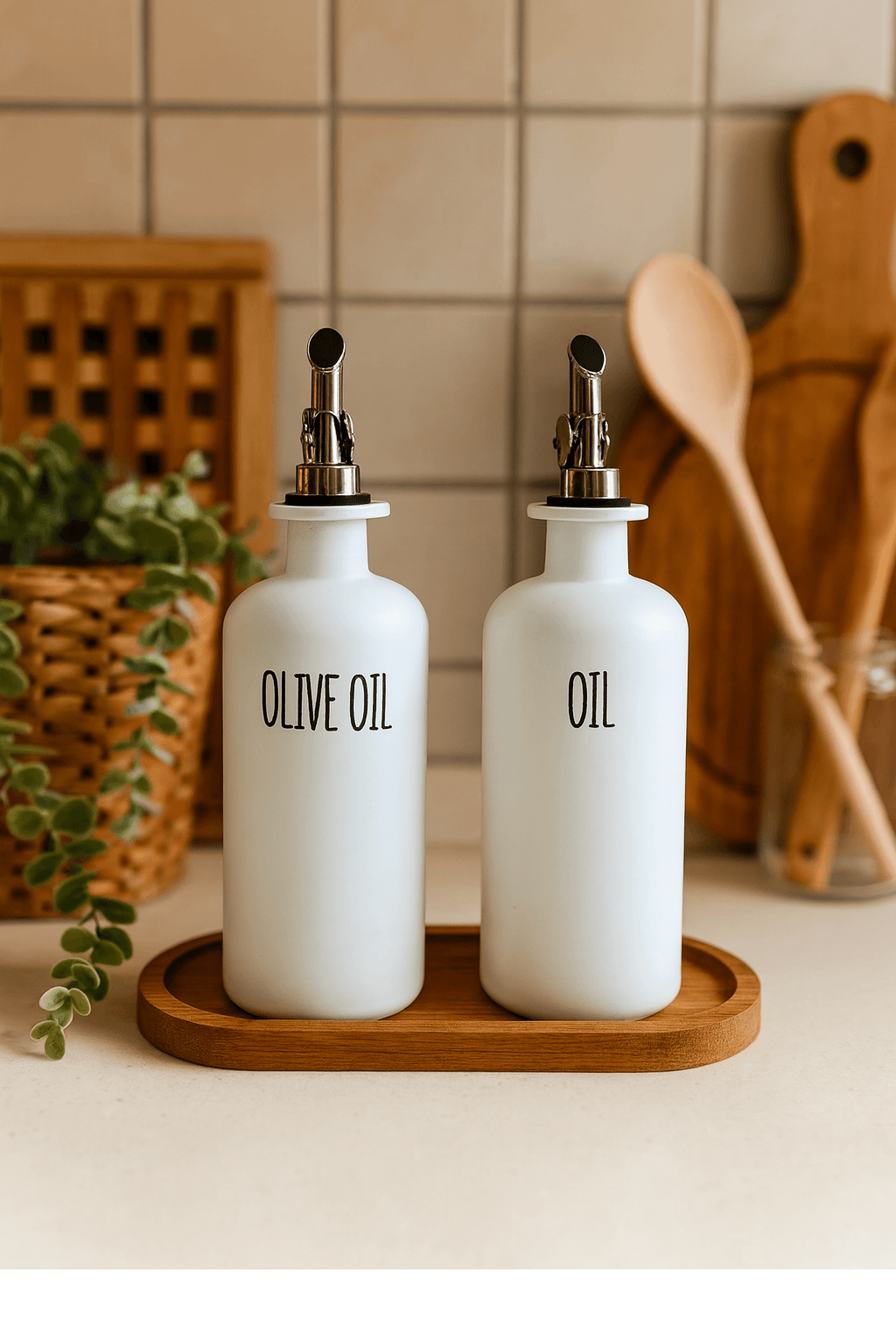 2'li Beyaz Gümüş Başlıklı Cam Yağdanlık Seti | Ahşap Stant | Oil-Olive Oil-Vinegar-Sauce