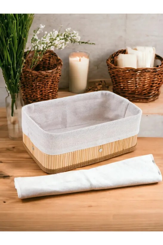 İçi Keten Katlanır Bambu Organizer Sepet 29x19x10Cm