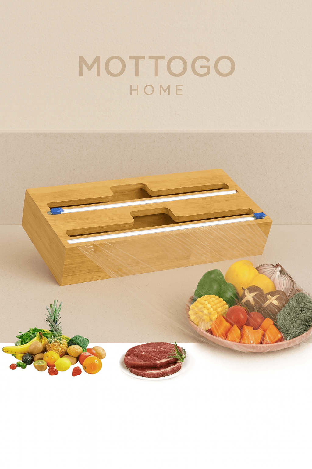 Bambu 2 Bölmeli Streç Ve Alüminyum Folyo Kesici Organizer Düzenleyici Ölçüleri 34*14*7 Cm