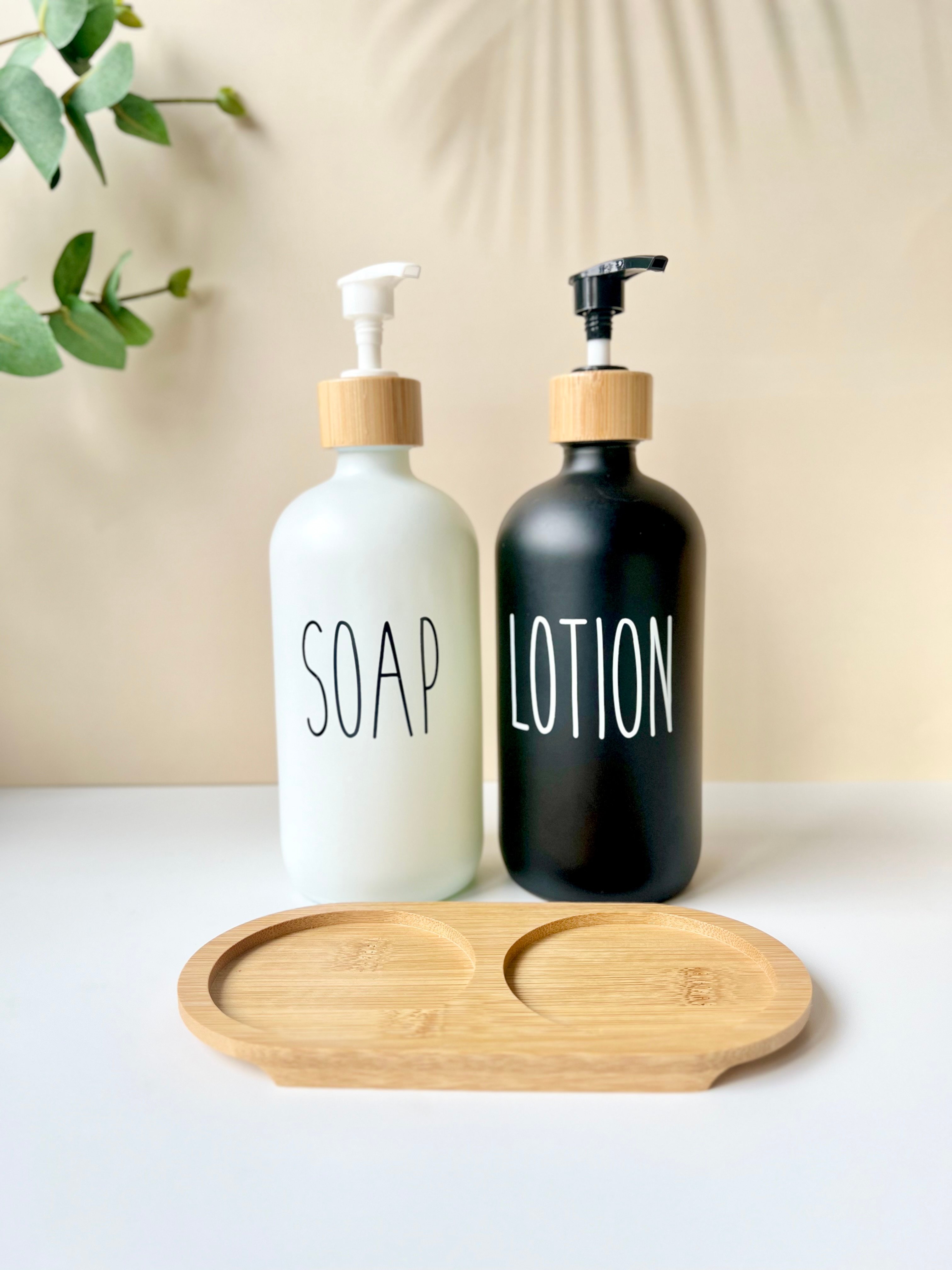 2'li Bambu Altlıklı Beyaz ve Siyah Cam Lotion | Soap Sabunlu Seti