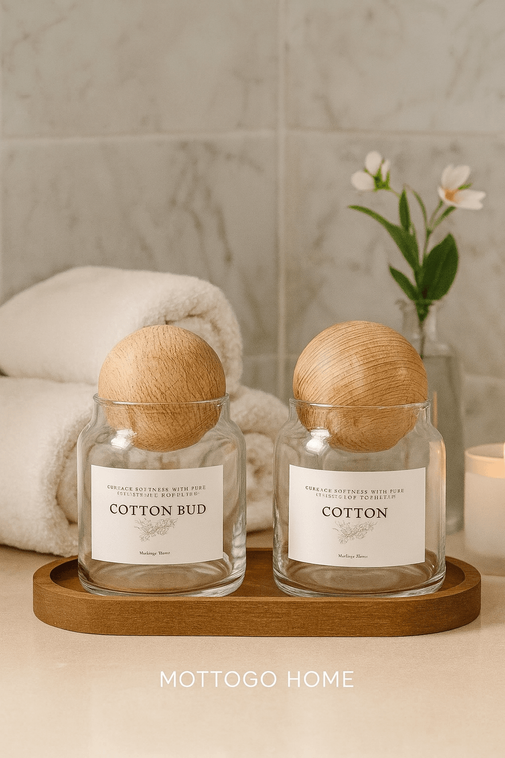 2'li Top Kapaklı Kavanoz ve Ahşap Altlık | Pamukluk - Kulak Pamukluğu | Cotton - Cotton Bud