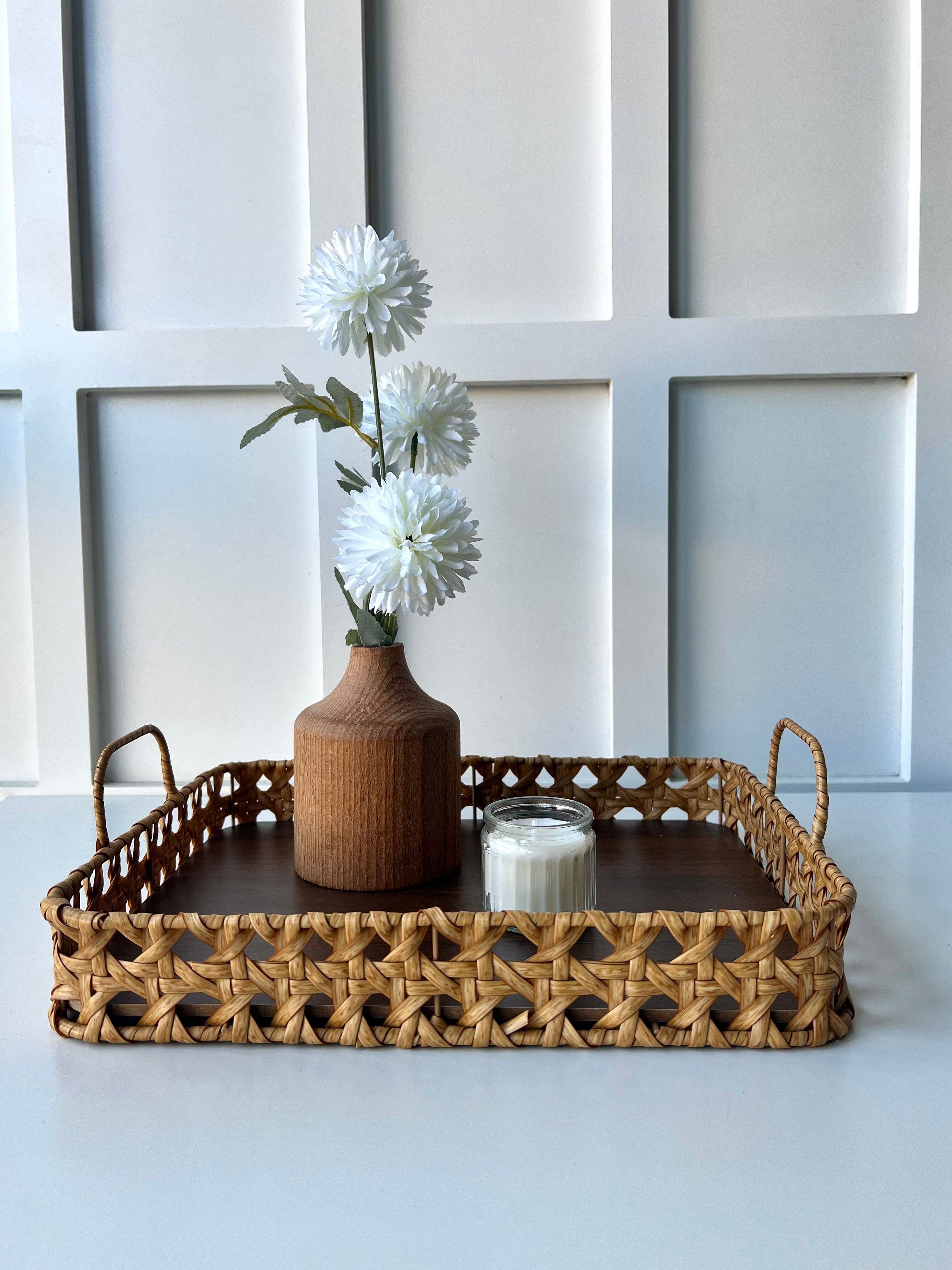 Kulplu Dikdörtgen Rattan Tepsi Büyük Boy 33x25x5 Cm