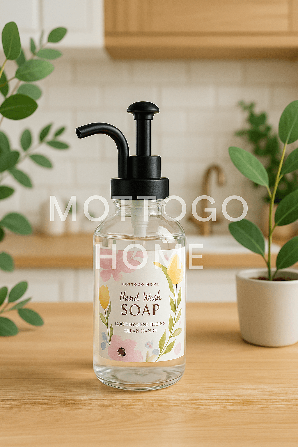 Cam Sıvı Sabunluk – Siyah Mat Pompalı, Floral Etiketli 500 ml 