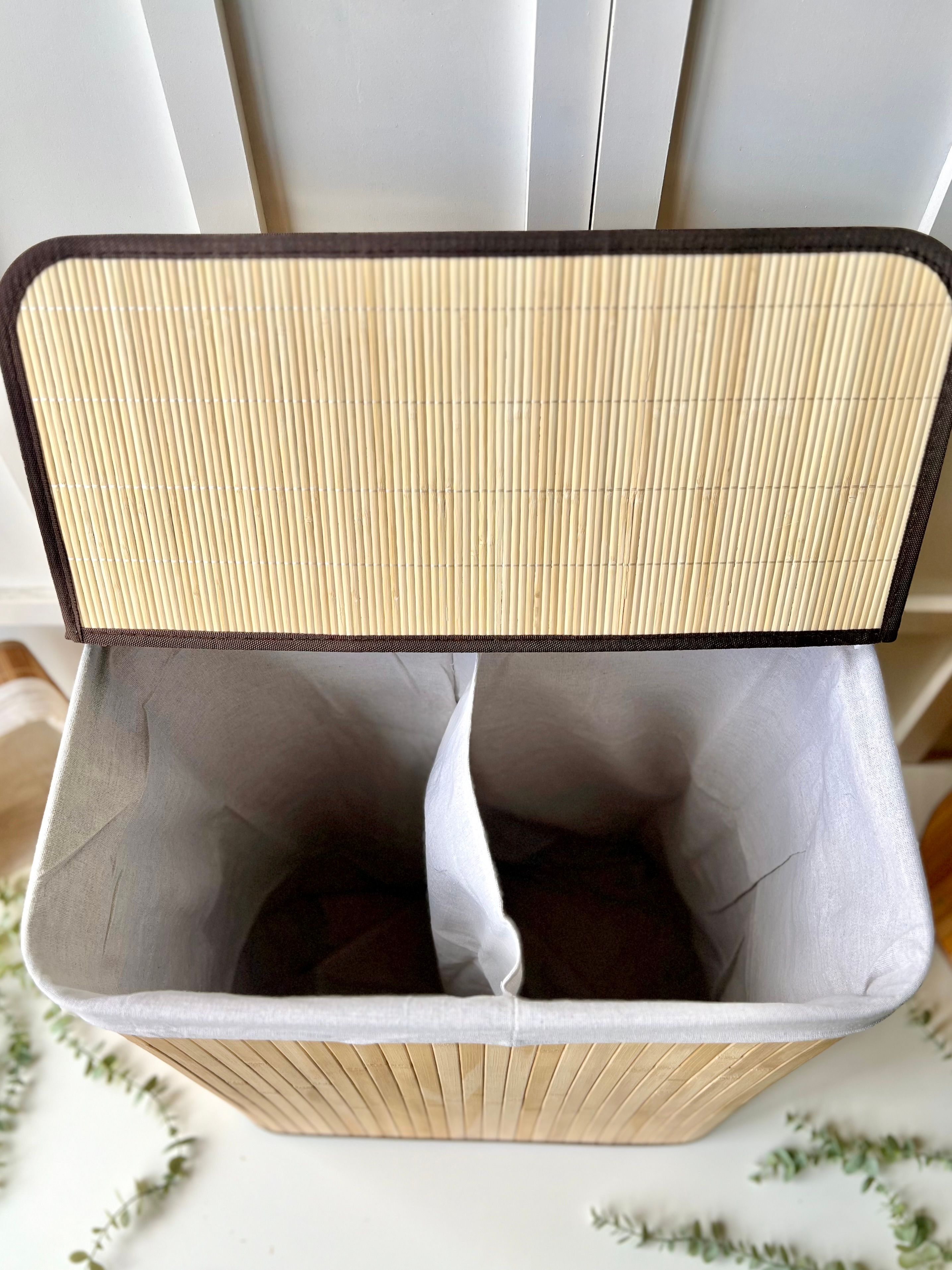 2 Bölmeli Bambu Dikdörtgen Çamaşır Sepeti 63x52x32