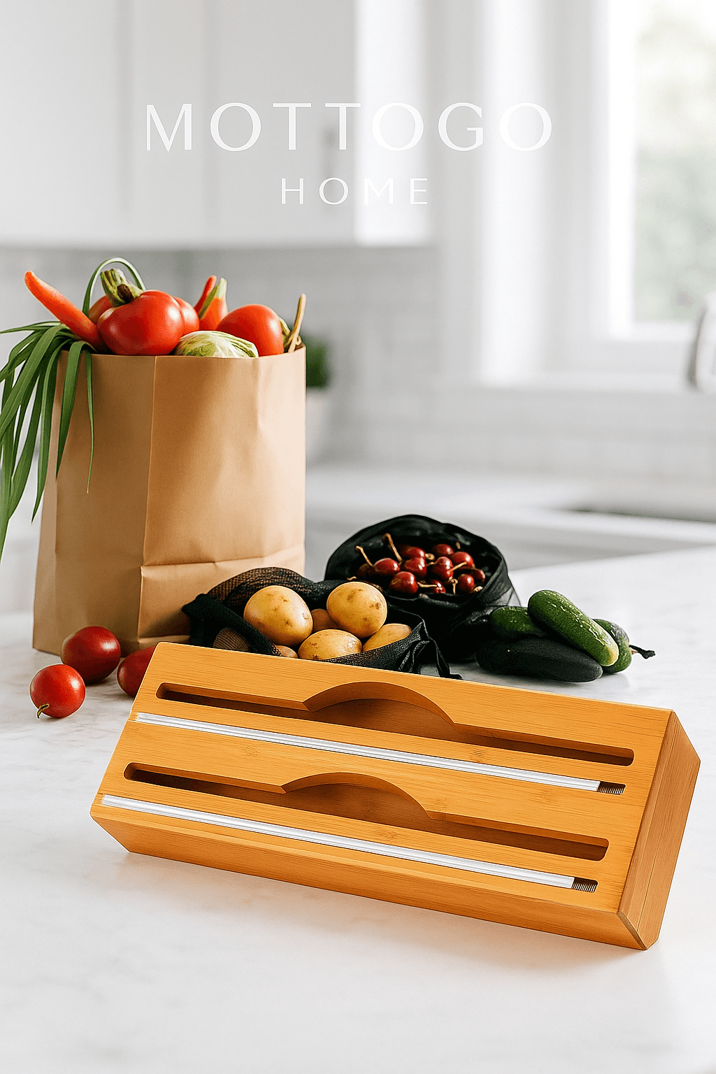 Bambu 2 Bölmeli Streç Ve Alüminyum Folyo Kesici Organizer Düzenleyici Ölçüleri 34*14*7 Cm