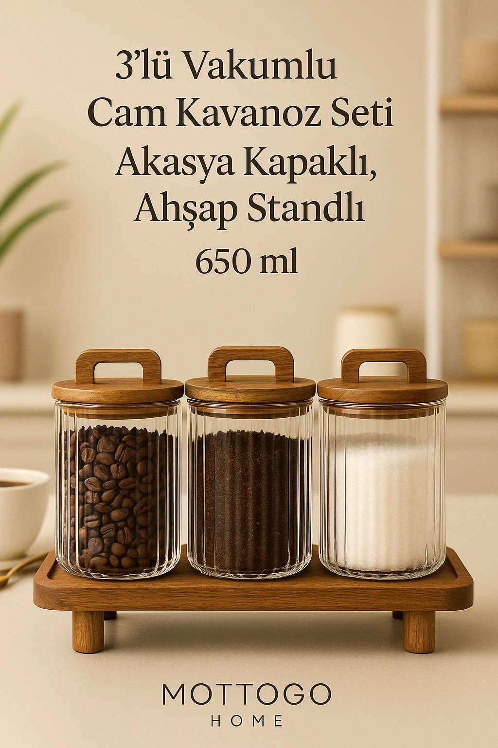 3’lü Akasya Kapaklı 650 ml Cam Kavanoz Takımı – Borosilikat Cam & Ayaklı Stant