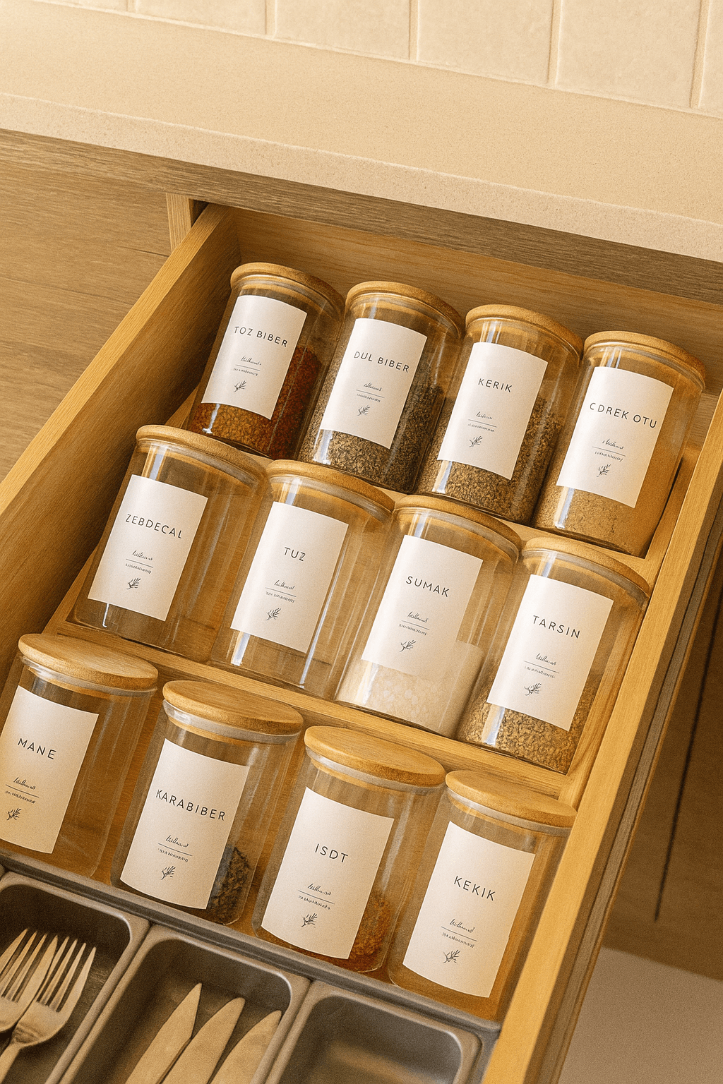 12’li Vakumlu Baharatlık Seti 300 ml – Çekmece İçi & Tezgâh Üstü – Bambu 3 Katlı Merdiven Standlı