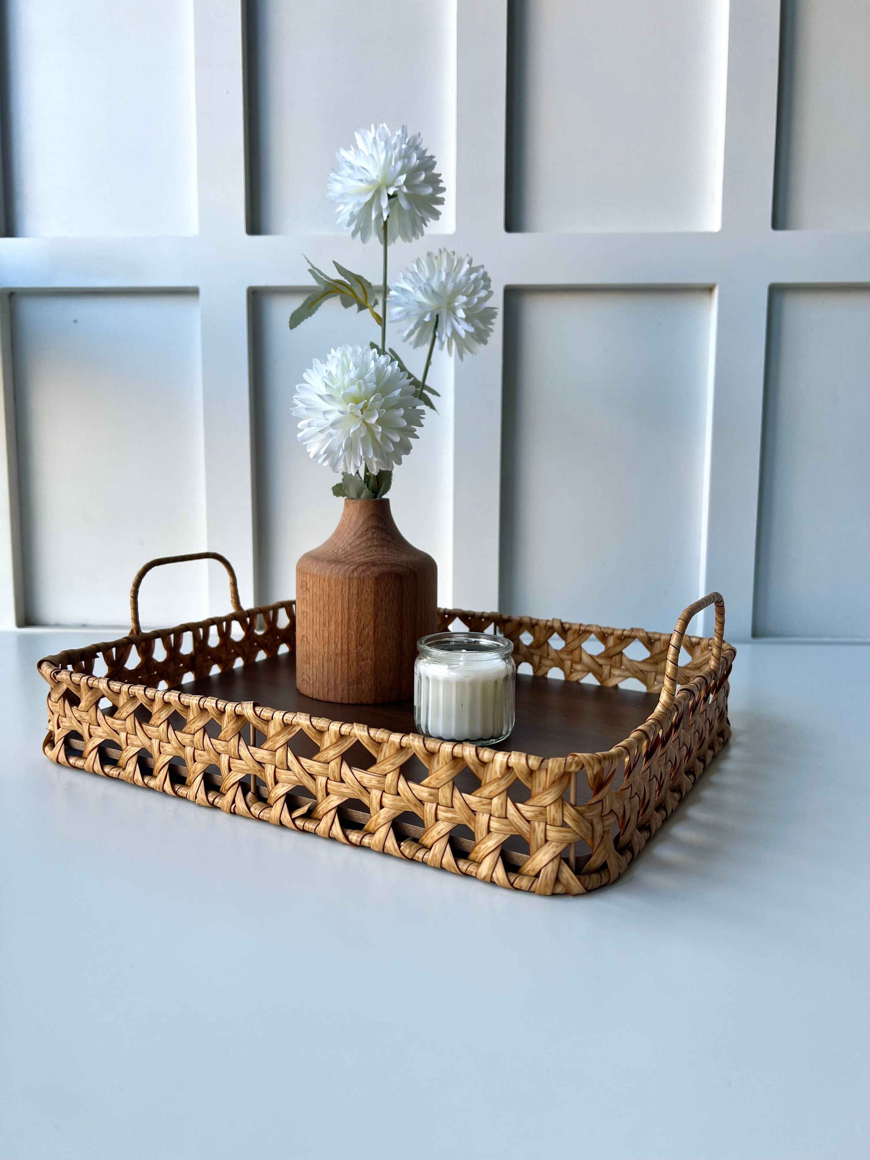 Kulplu Dikdörtgen Rattan Tepsi Büyük Boy 33x25x5 Cm