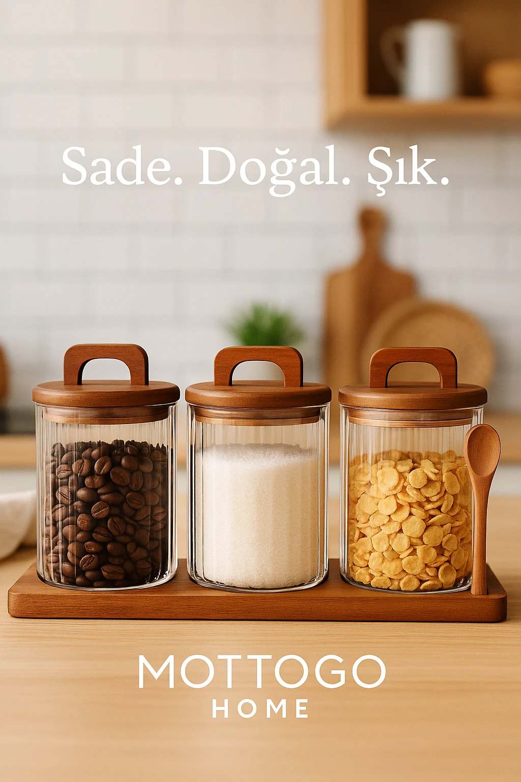 3’lü Akasya Kapaklı 650 ml Cam Kavanoz Takımı – Borosilikat Cam & Ayaklı Stant