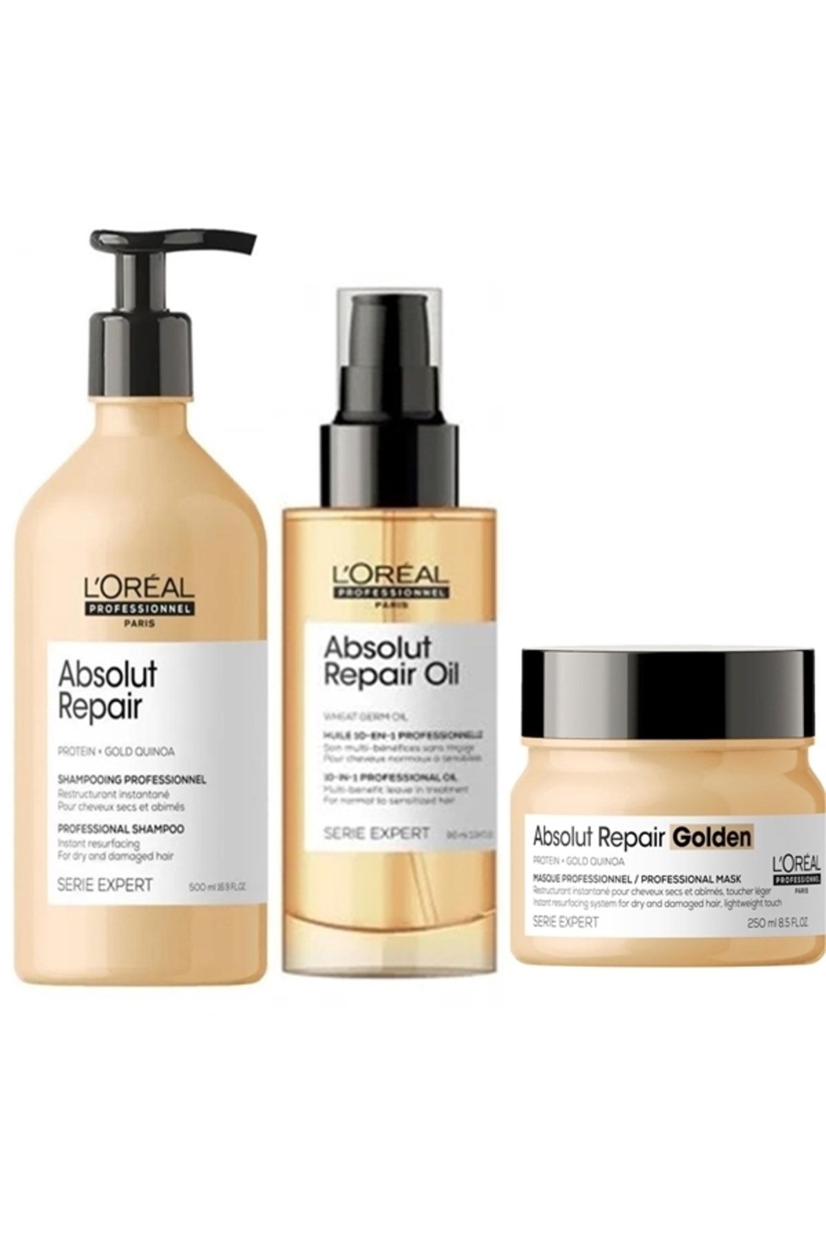 L'oreal Professionnel   Absolut Repair Golden Maskeli  3'lü Set   (Absolut Repair Şampuan 500 Ml + Absolut Repair Golden(Altın) Maske 250 Ml + Absolut Repair Oil Serum 90ml)