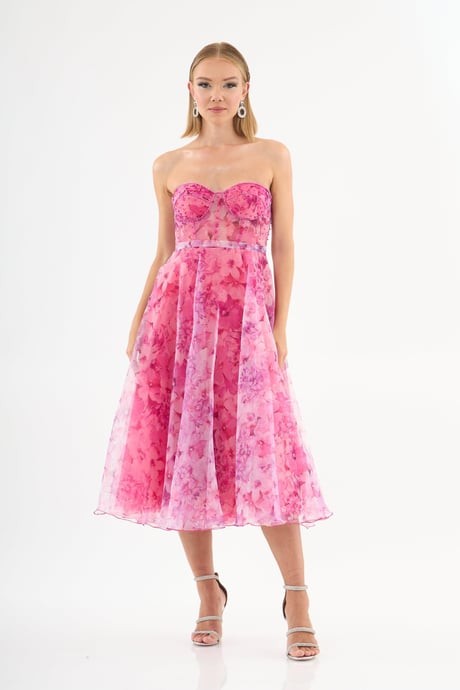 58036 midi straplez elbise - fuşya