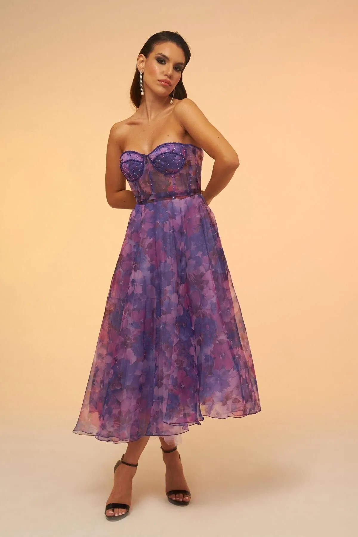 58036 midi straplez elbise - mor
