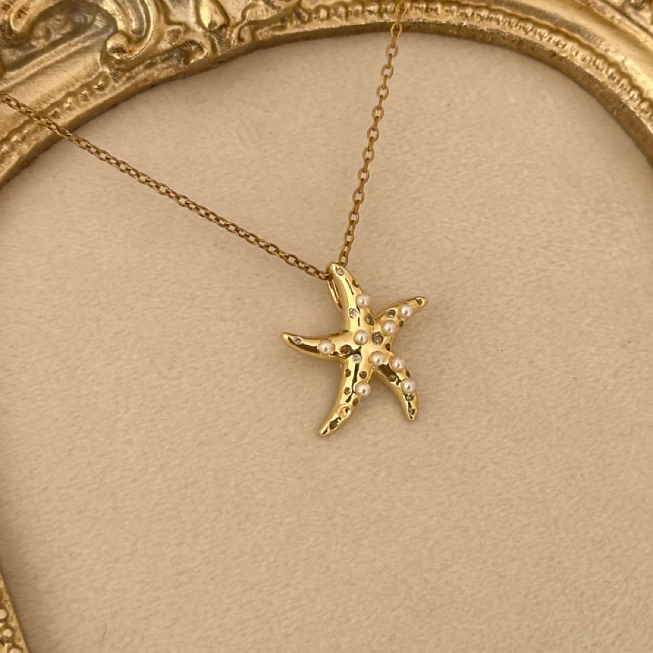 incili deniz yıldızı gold kolye | çelik