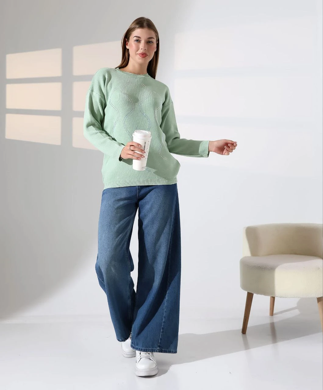 taşlı triko uzun kollu kazak 