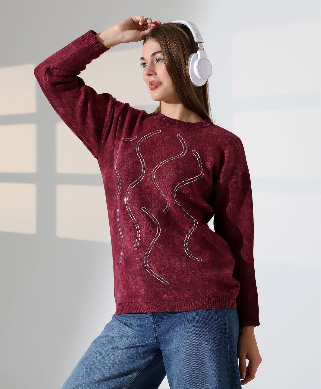 taşlı triko uzun kollu kazak 