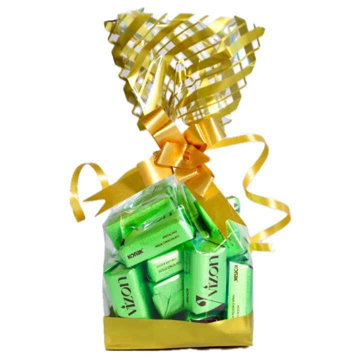 Hediyelik Poşette Vizon Antep Fıstığı Parçacıklı Krema Dolgulu Sütlü Çikolata (200 Gr)