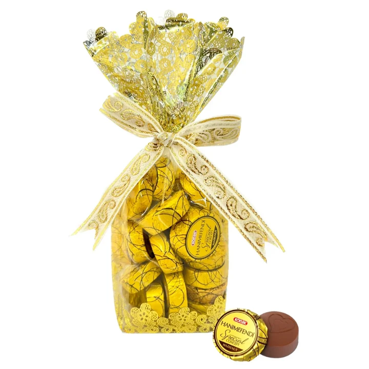 Hanımefendi Hediyelik Poşette Fındık Parçacıklı & Dolgulu Sütlü Çikolata (200 Gr)