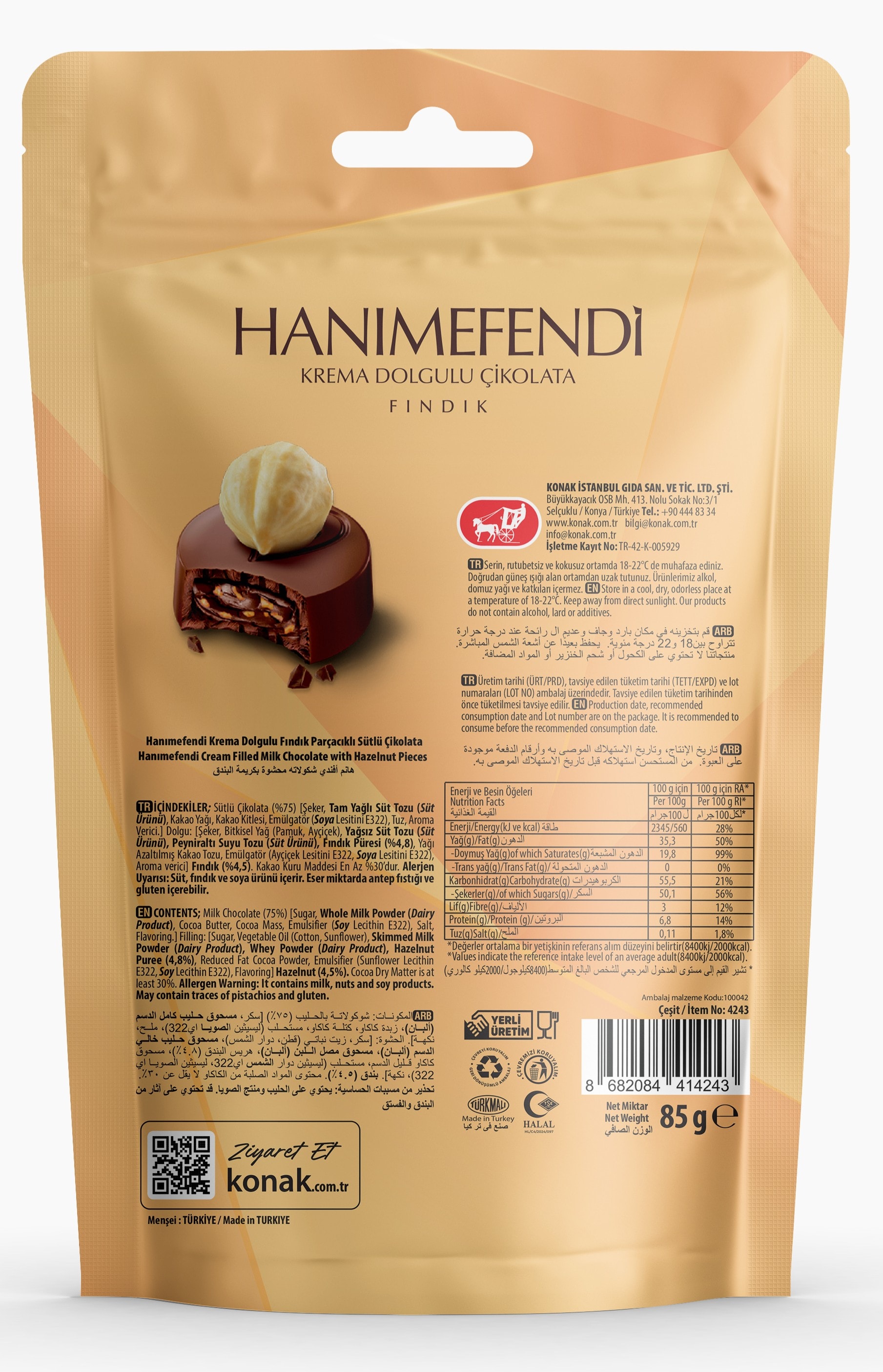 Hanımefendi Fındık Parçacıklı & Dolgulu Sütlü Çikolata (85 Gr)