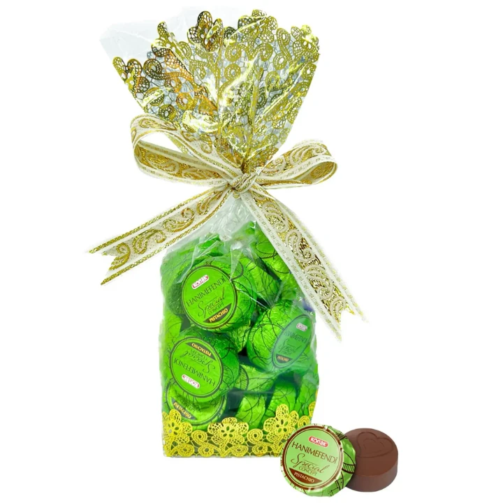 Hanımefendi Hediyelik Poşette Antep Fıstık Parçacıklı & Dolgulu Sütlü Çikolata (200 Gr)