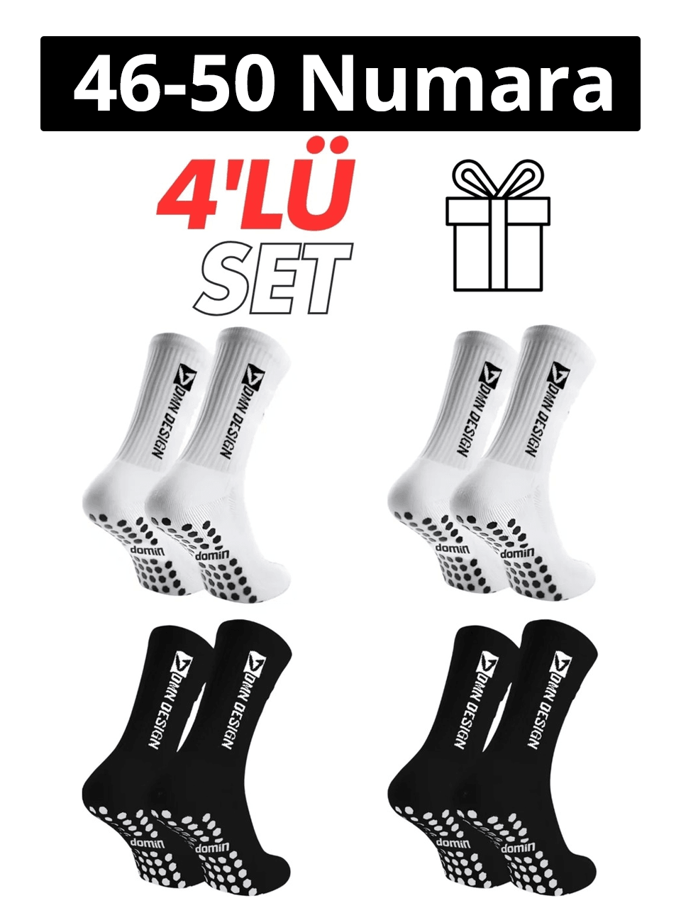 4'Lü (2 Siyah- 2 Beyaz) Kaydırmaz Silikon Taban Nefes Alan Premium Futbol Fitness Koşu Sporcu Çorap - 46-50