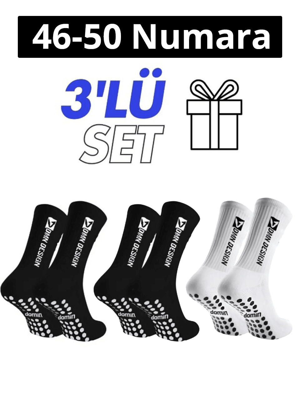 3'Lü Siyah Beyaz Kaydırmaz Silikon Taban Nefes Alan Premium Futbol Fitness Koşu Sporcu Çorap - 46-50