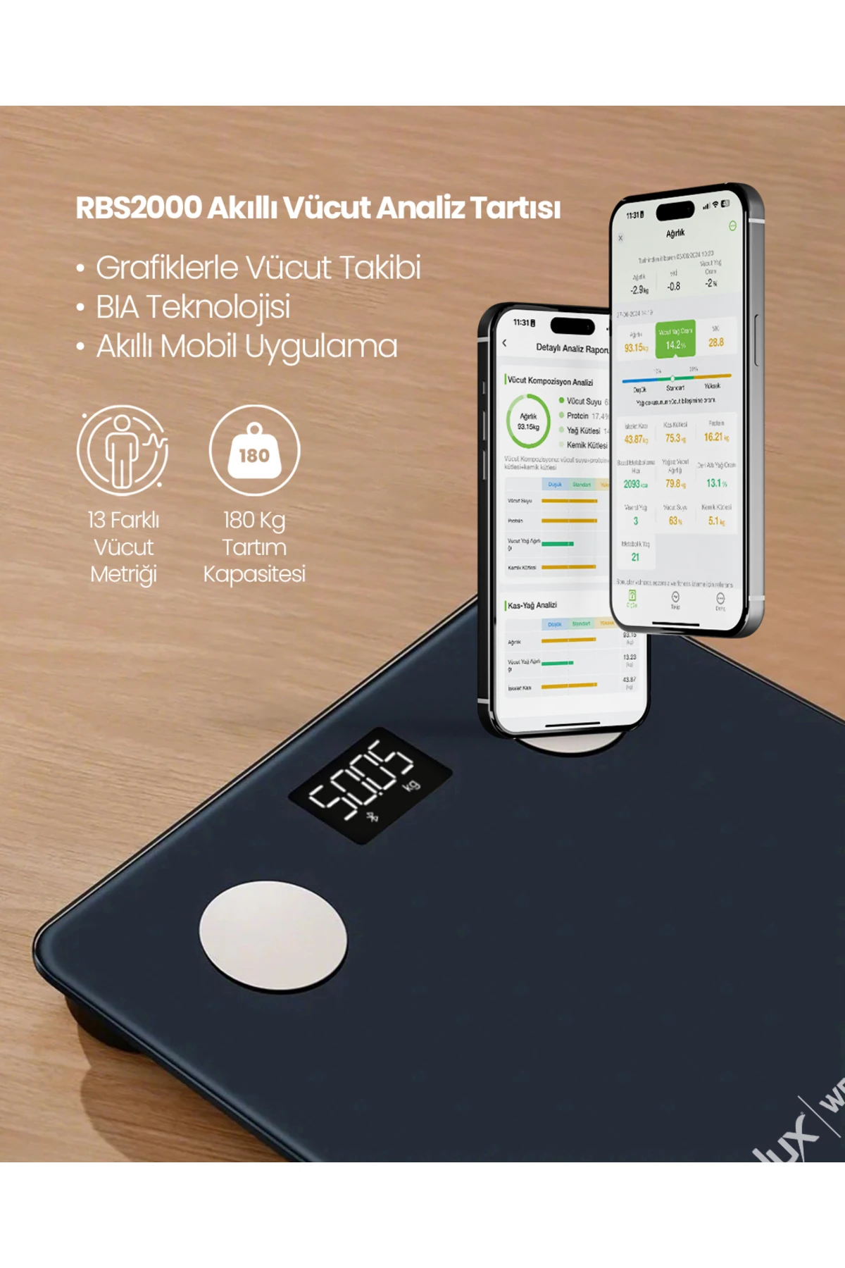 Rbs2000 Wellness Akıllı Vücut Analiz Tartısı – Yağ, Kas, Sıvı Ölçer, 4 Elektrot, Bluetooth