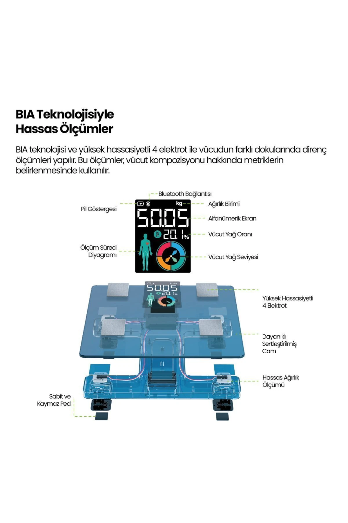 Rbs4000 Wellness Akıllı Vücut Analiz Tartısı – Yağ, Kas, Sıvı Ölçer, 4 Elektrot, Bluetooth