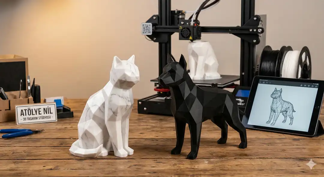 Atölye Nil mermer görünümlü geometrik kedi biblosu, ve Siyah Köpek Biblosu