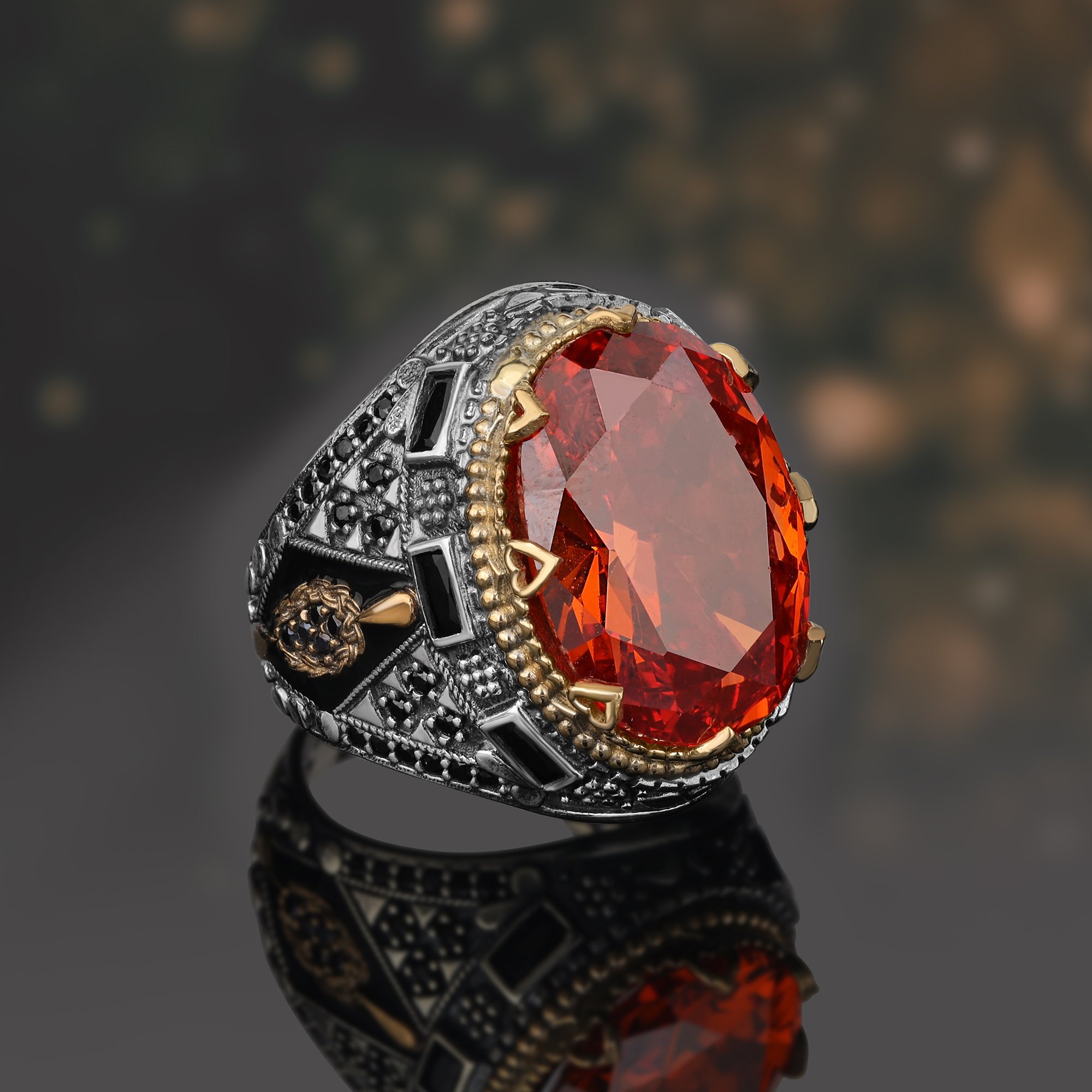 Garnet Stone Silver Men's Ring 