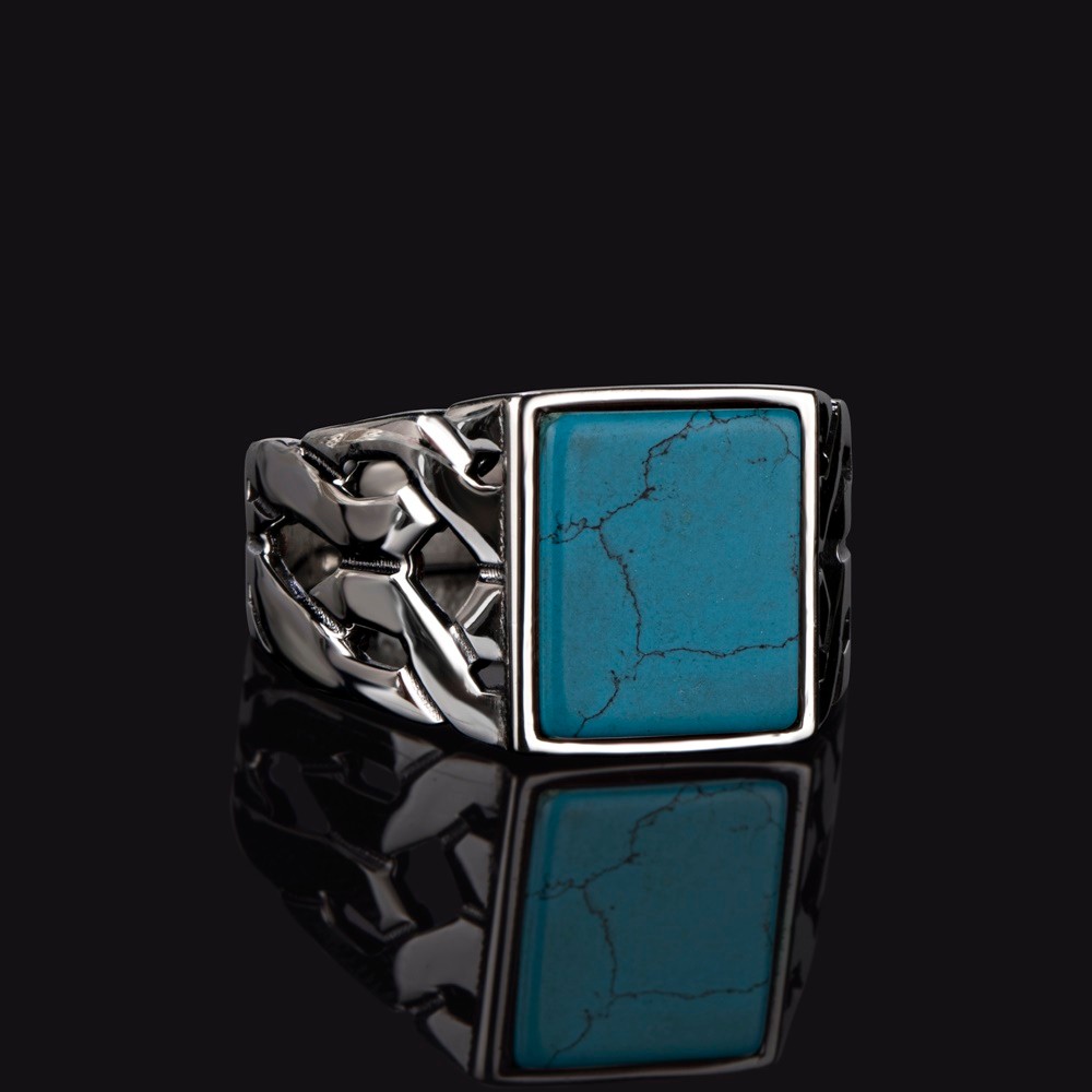 Chain model silver men ring with turquoise stone