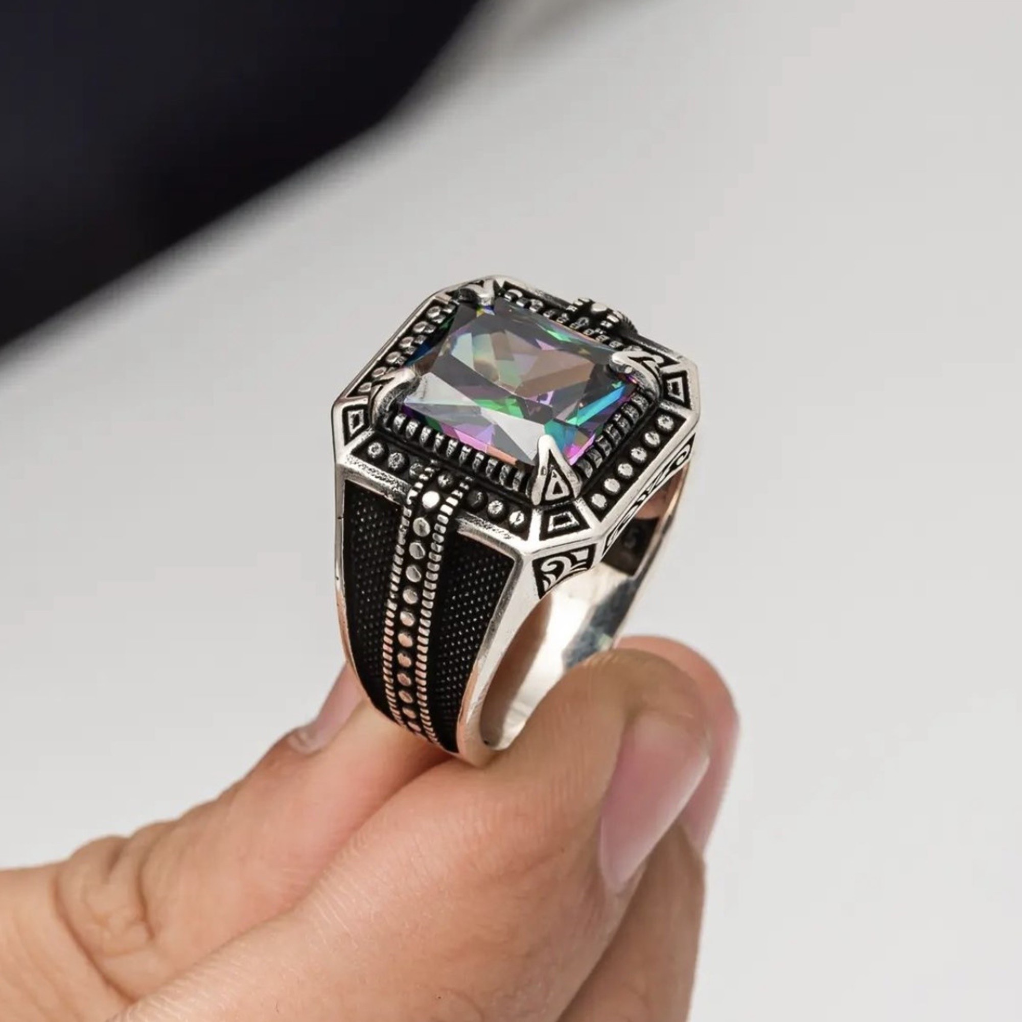 Sterling silver men's ring with mystic topaz stone