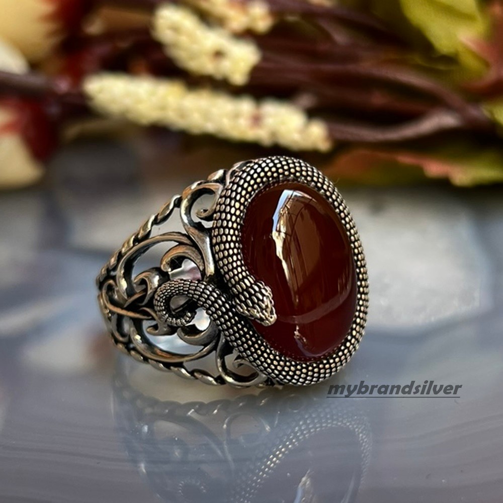 Red Agate stone sterling silver men's ring