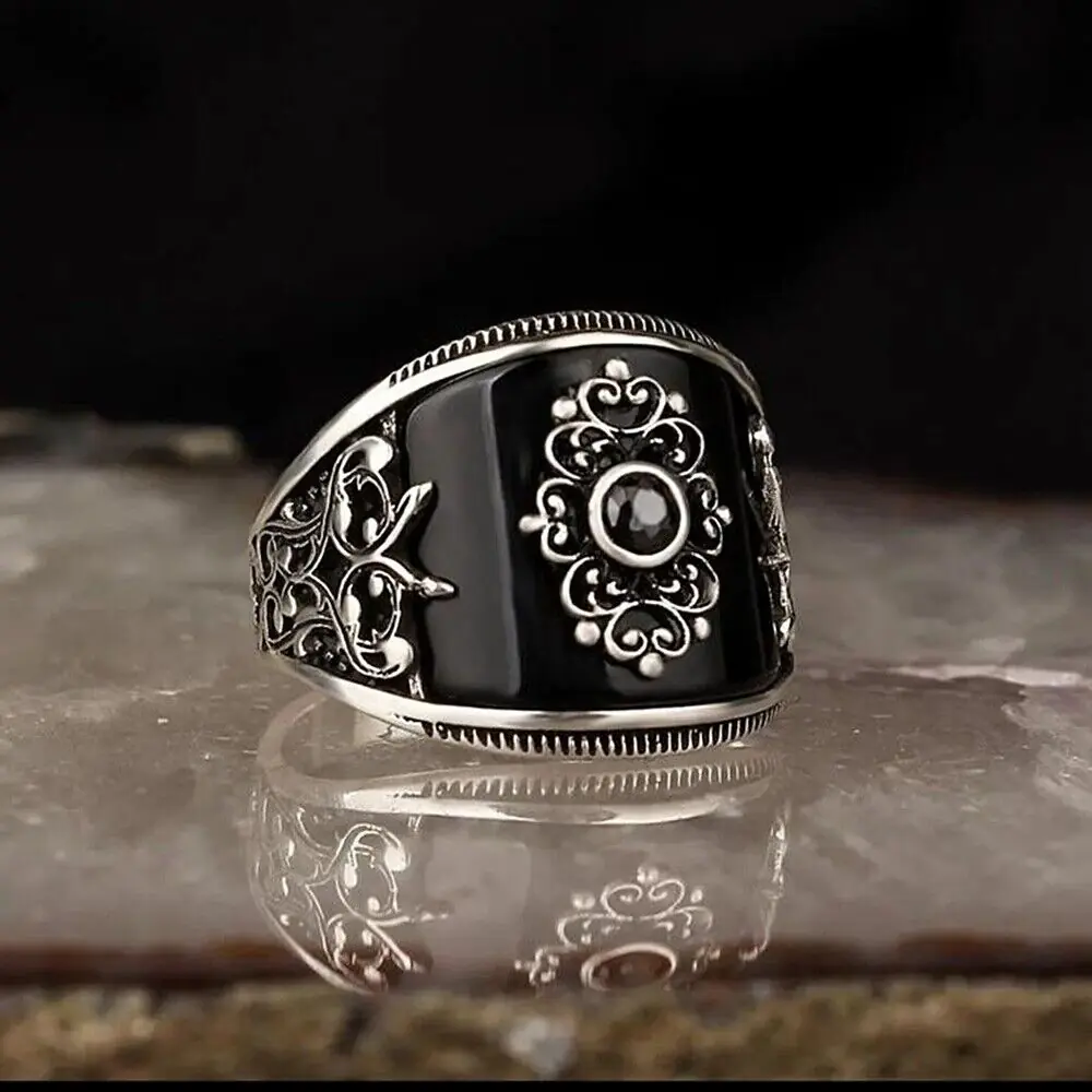 Curved Black Onyx Silver Men's Ring