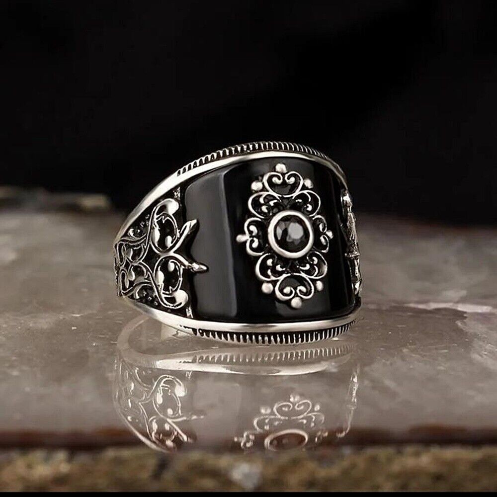 Curved Black Onyx Silver Men's Ring