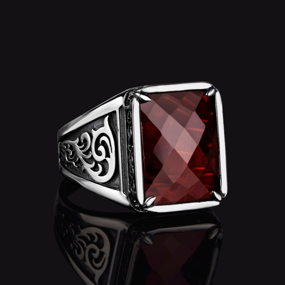 Red zircon silver men's ring