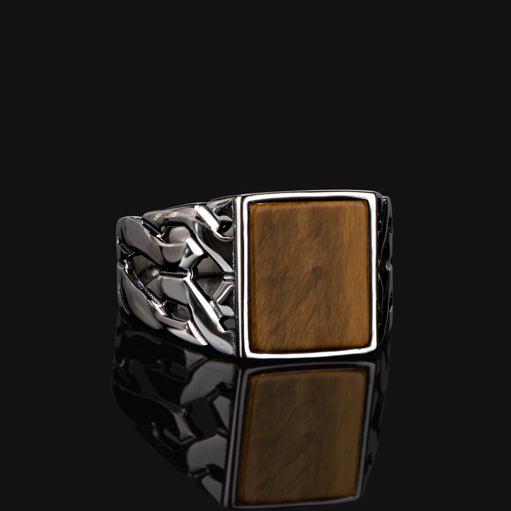 Sterling silver chain model men ring with tiger's eye 