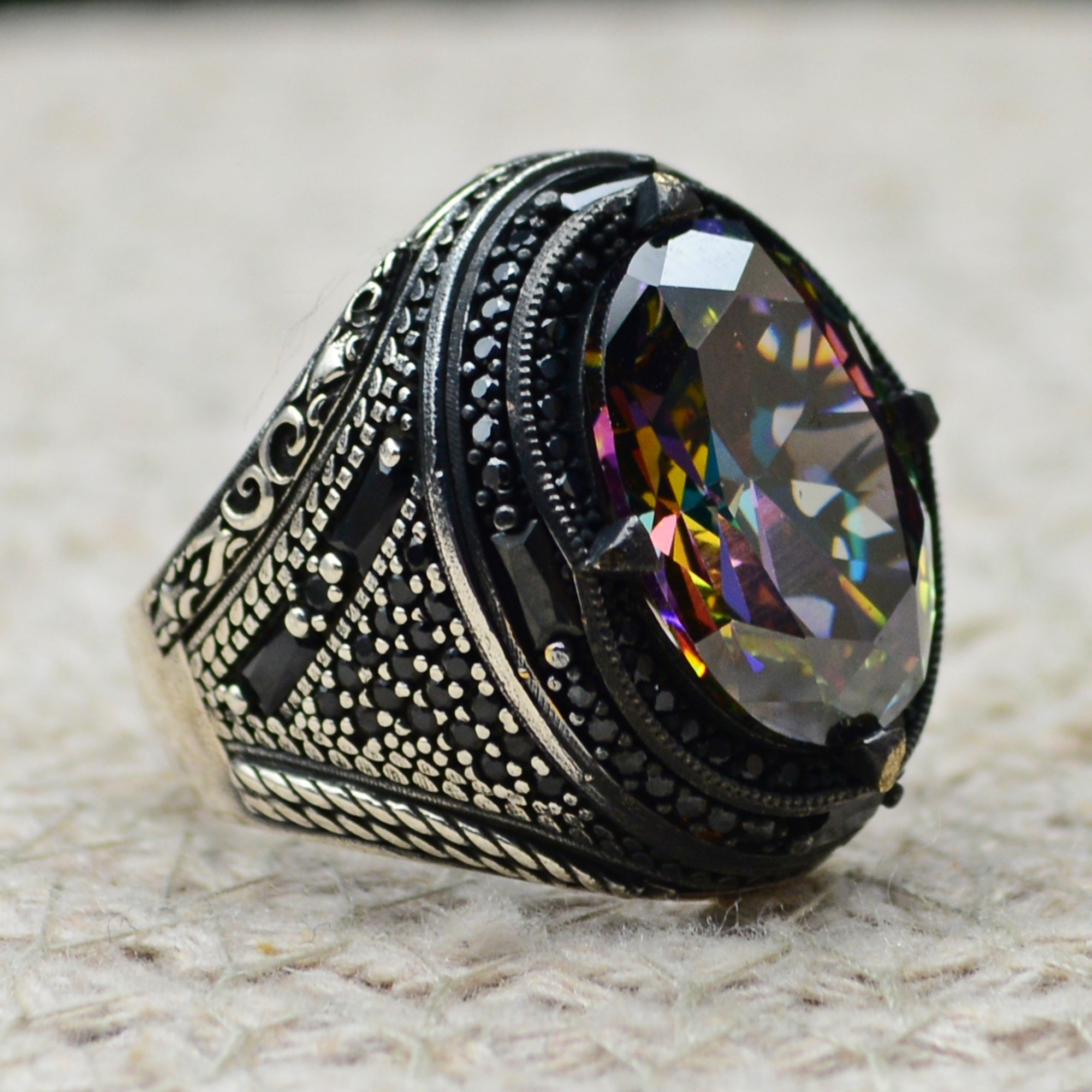 Sterling silver mystic topaz stone men ring