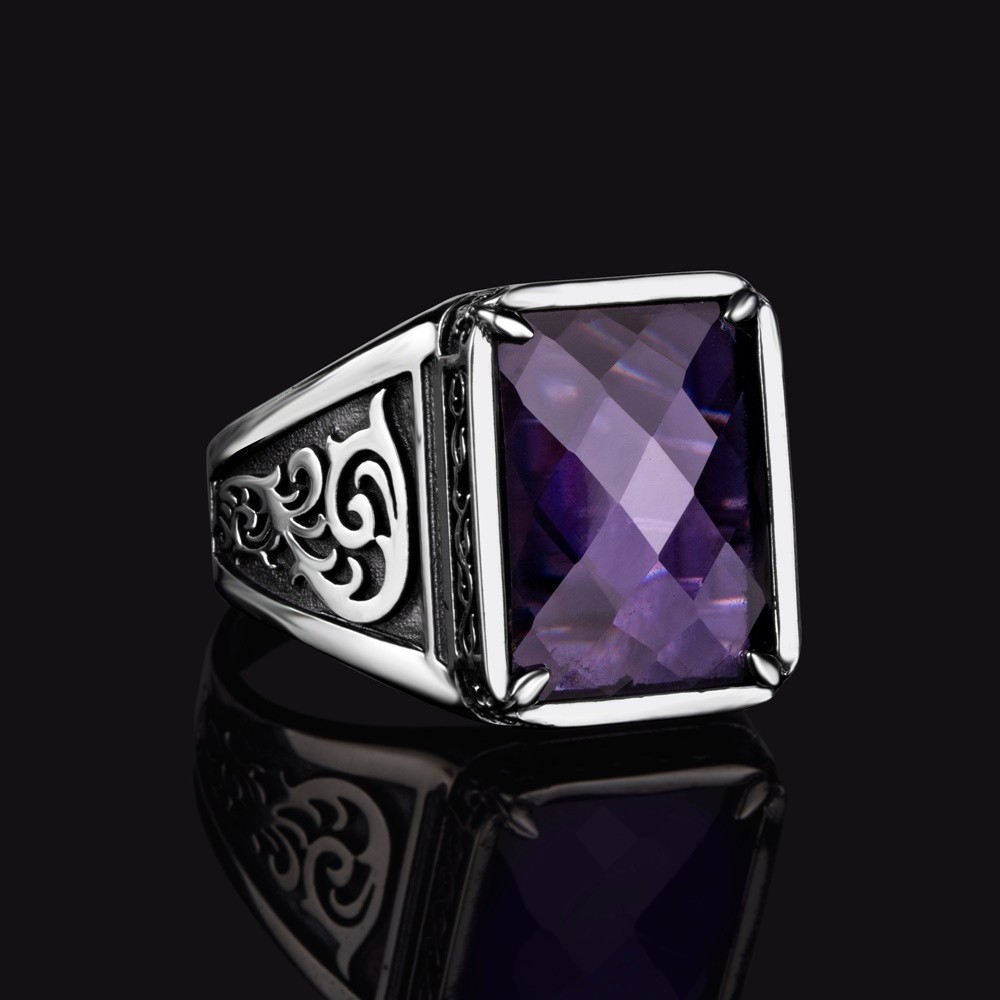 Purple zircon silver men's ring