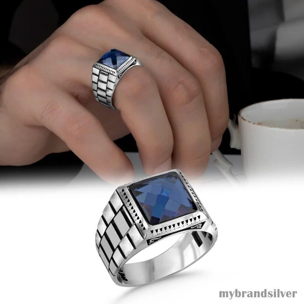 Silver Men's Ring with Aquamarine Stone