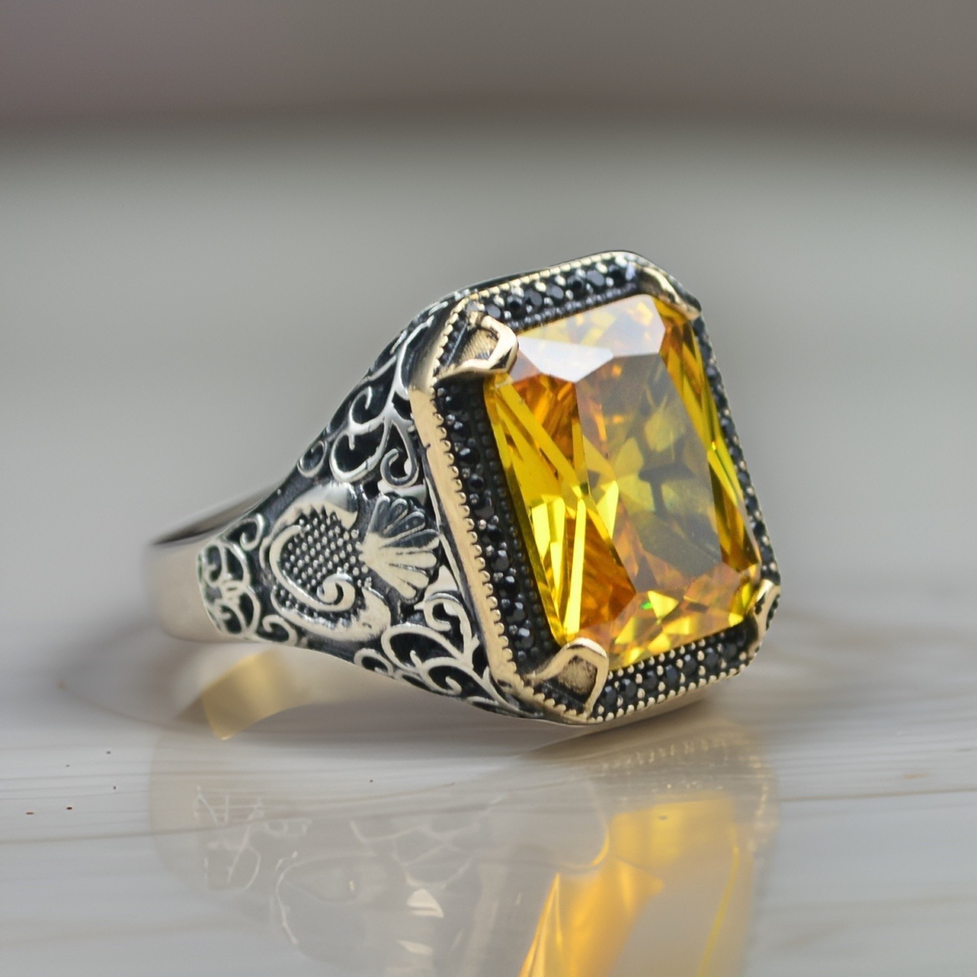 Sterling silver square citrine men ring