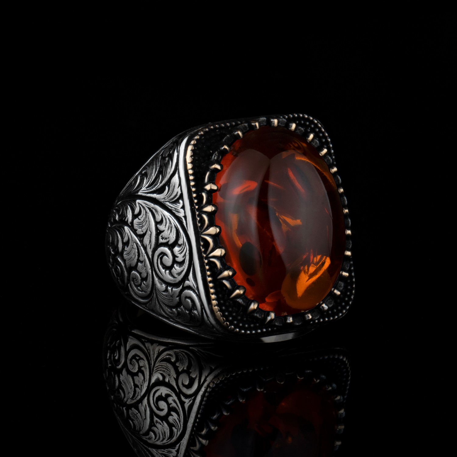 Amber Stone Silver Men's Ring