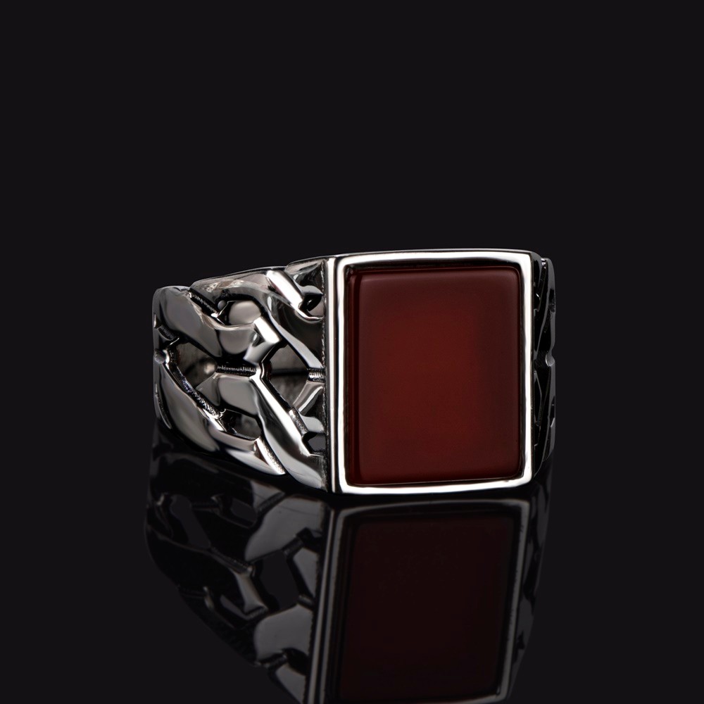 Chain model agate stone silver men ring