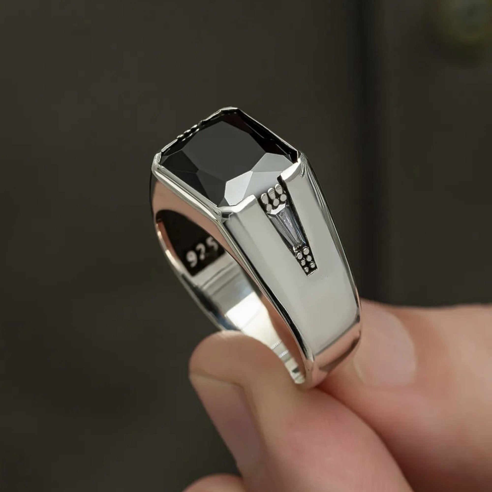 Luxury men's ring with onyx stone sterling silver
