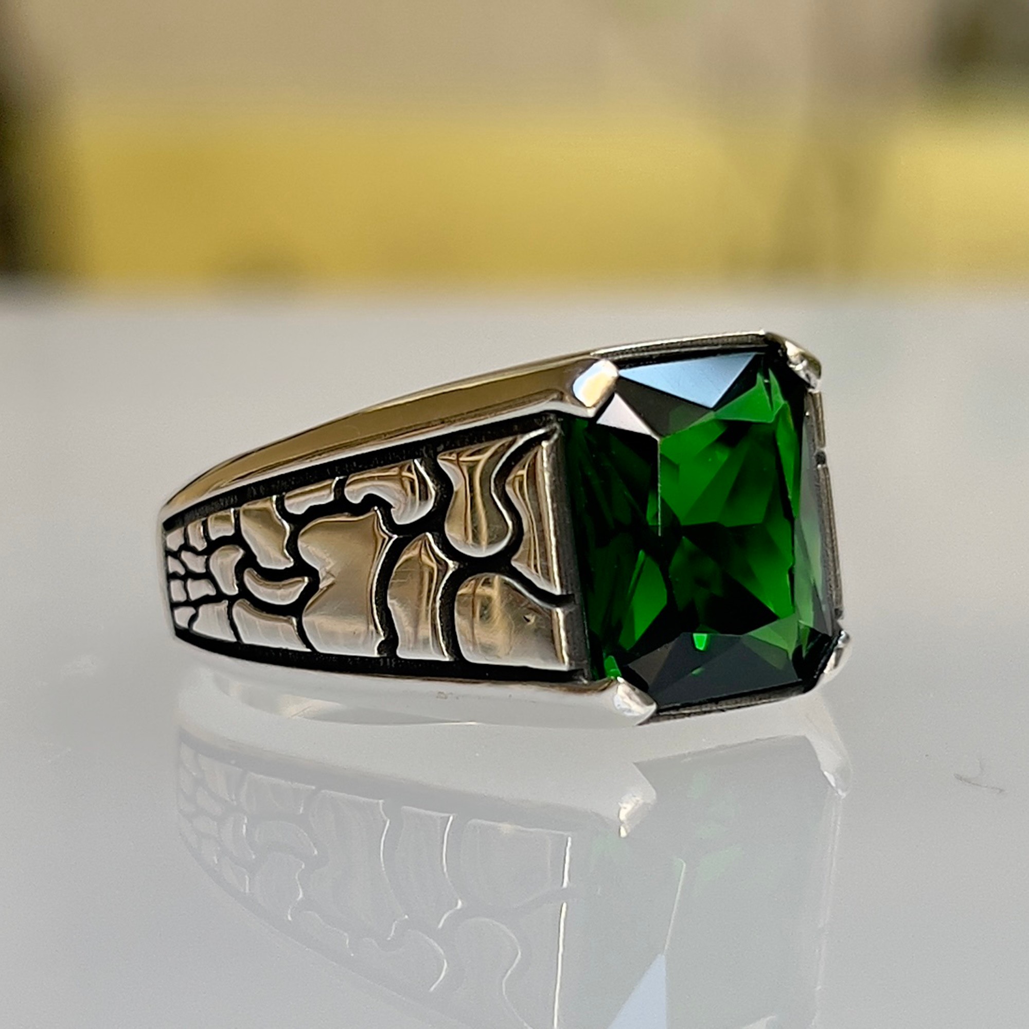 Men's ring sterling silver minimalist green zircon