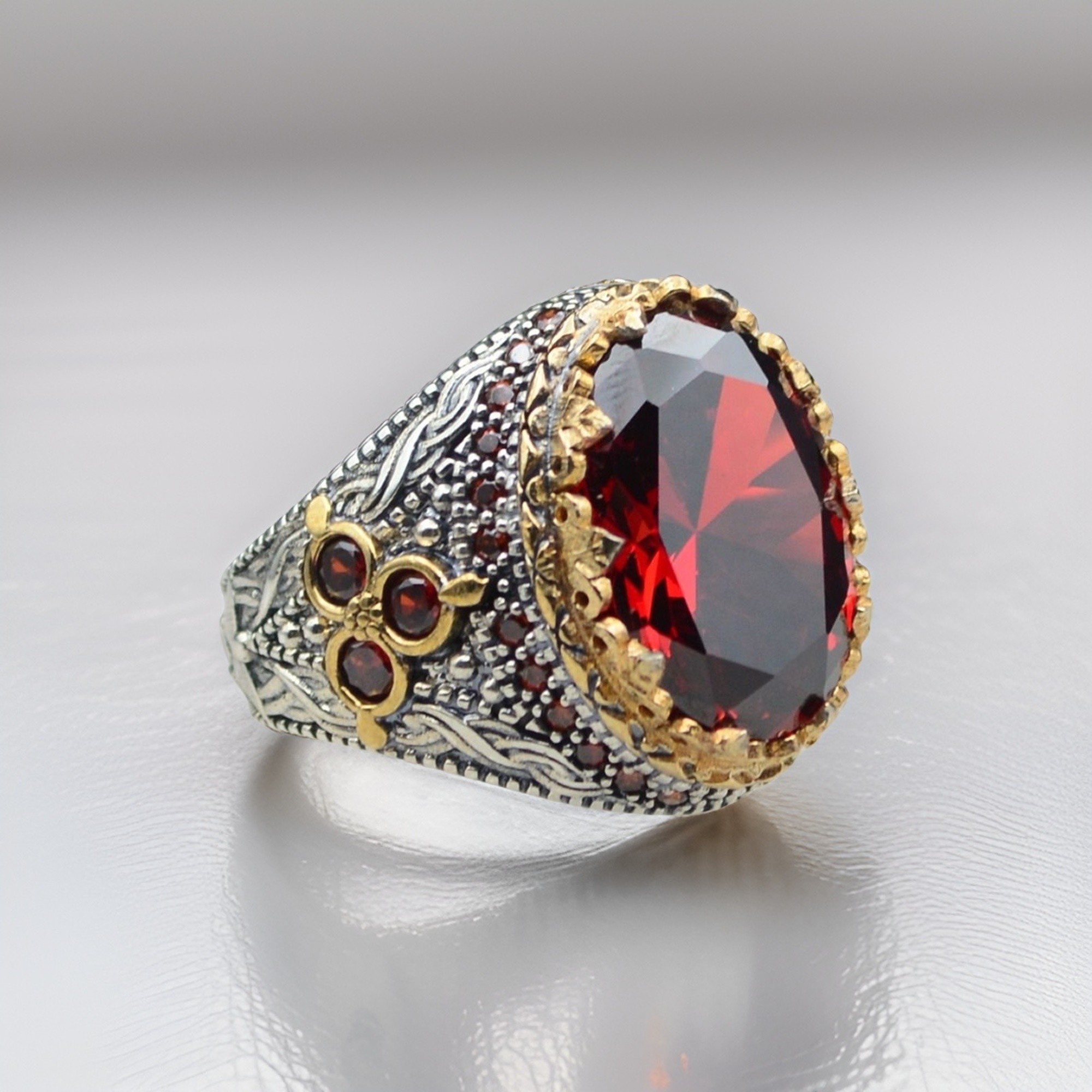 Red zircon men ring sterling silver