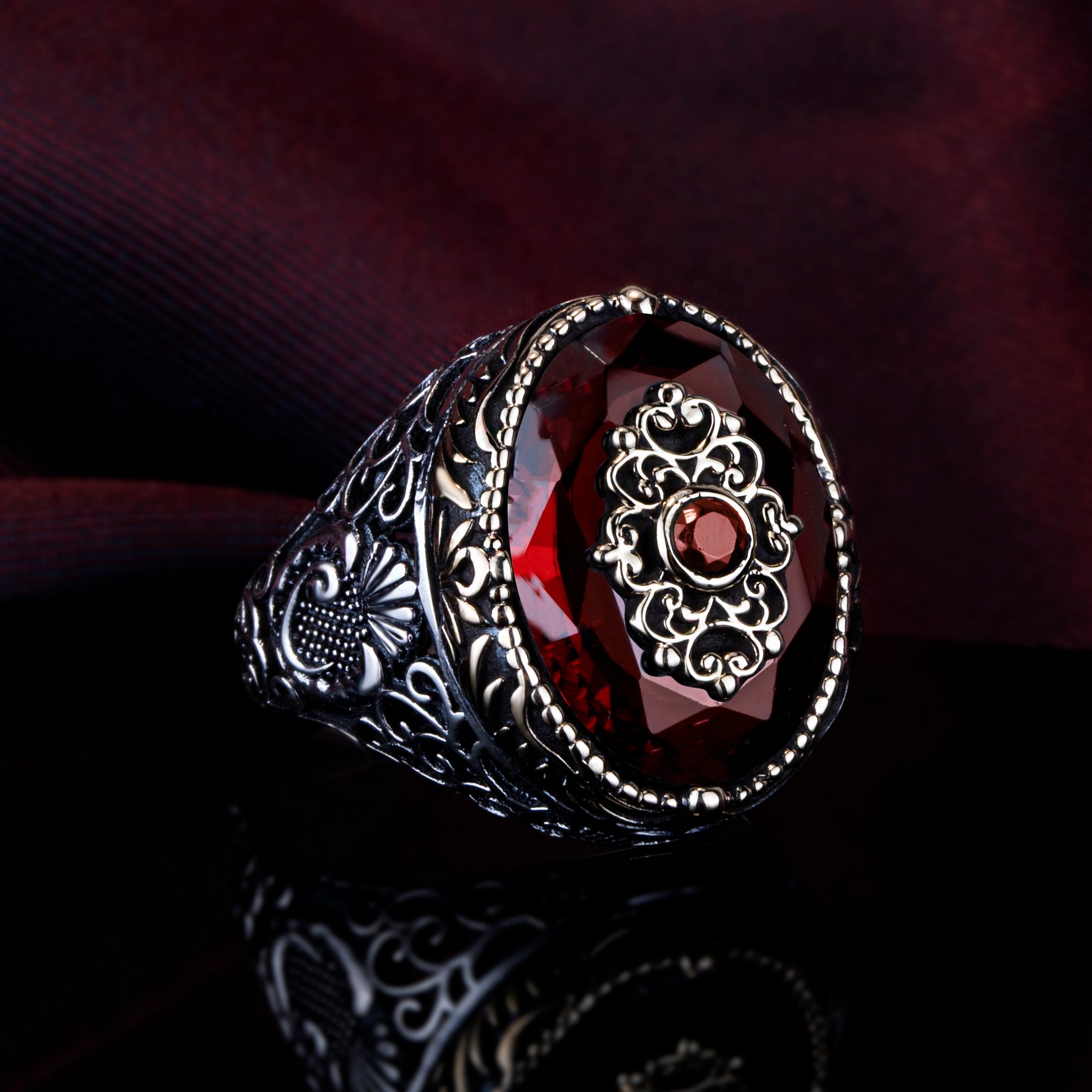 Red Zircon Stone Silver Men Ring