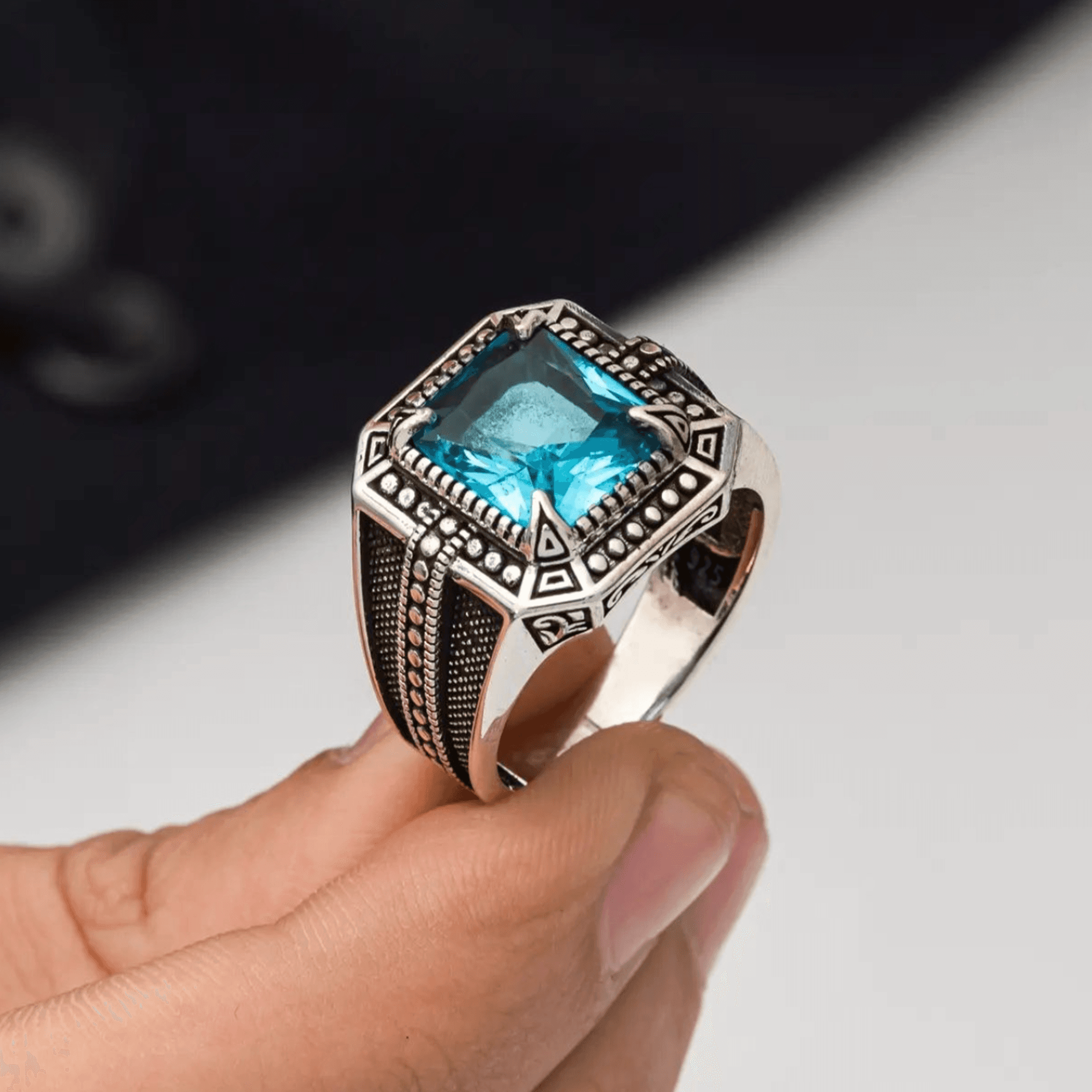 Sterling silver men's ring with aquamarine stone