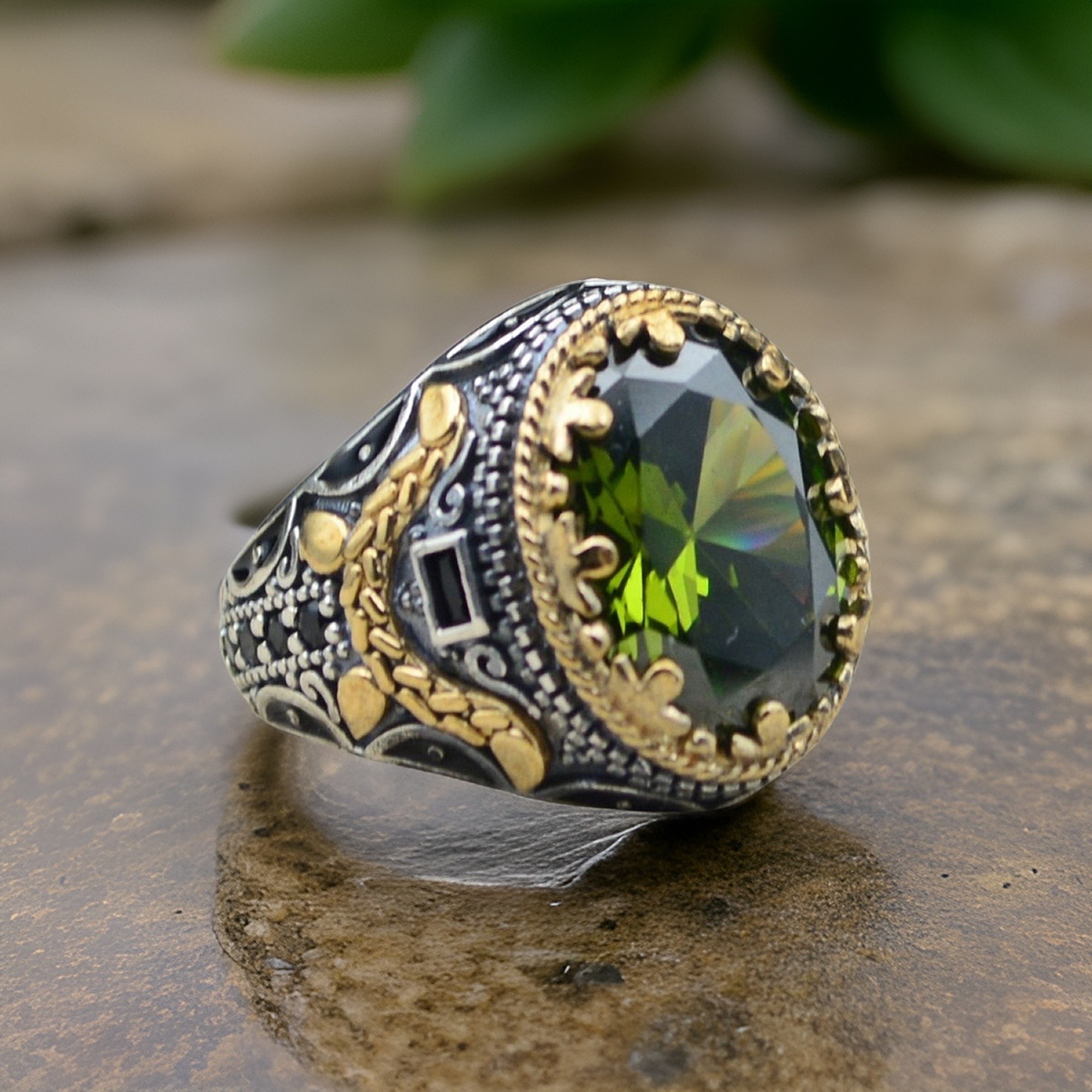 Peridot stone silver men's ring 